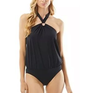 Michael Kors Iconic Black Logo Ring Trim Halter Blouson One Piece Swimsuit